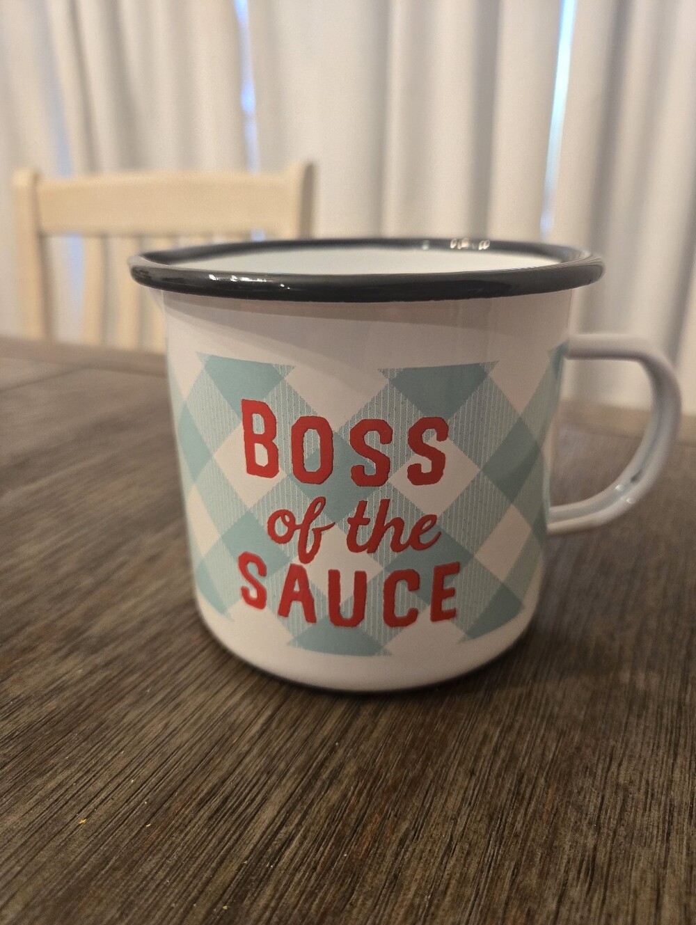 Boss of the Sauce Enamel Mug – White with Turquiose Blue Plaid and Red Text